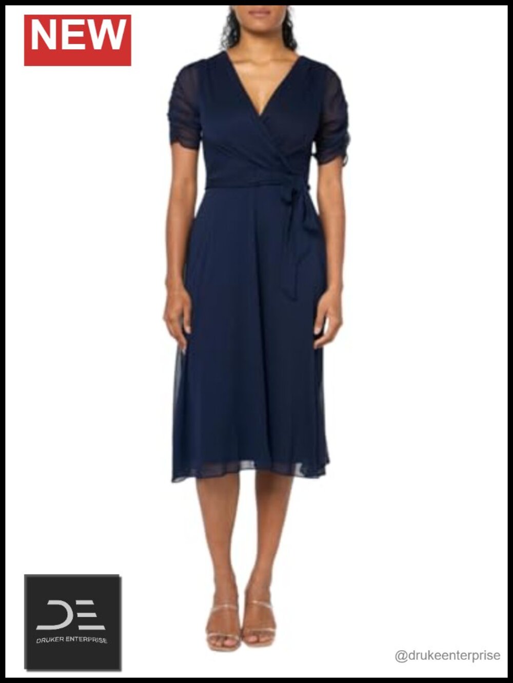 3/4 Sleeve Faux Wrap Dress Sheath Shawl Neck Casual